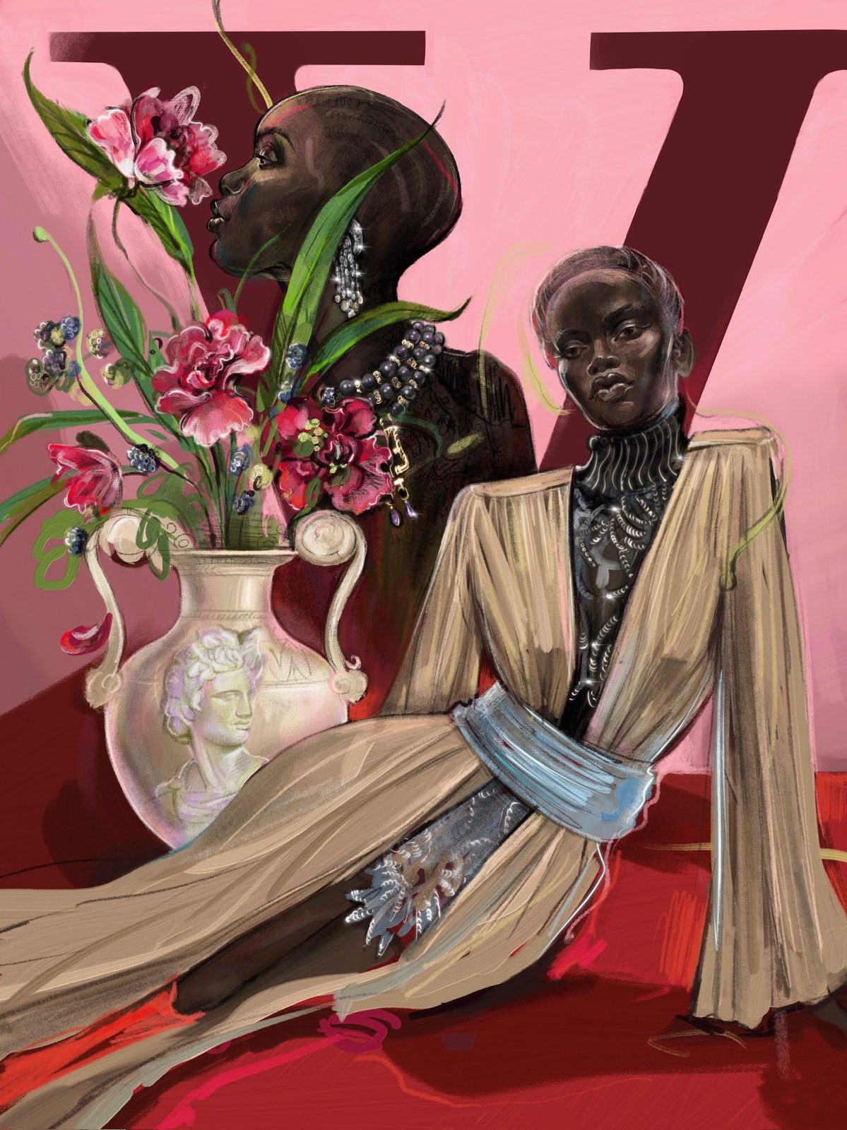 Two muses and the letter V